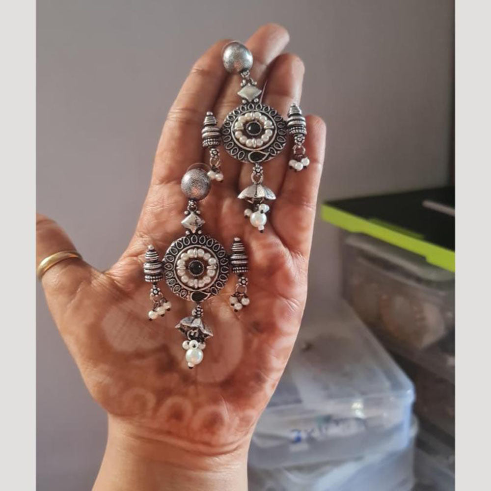 JCM Oxidized Plated Pearls with Temple Inspired Detailing Dangler Earrings