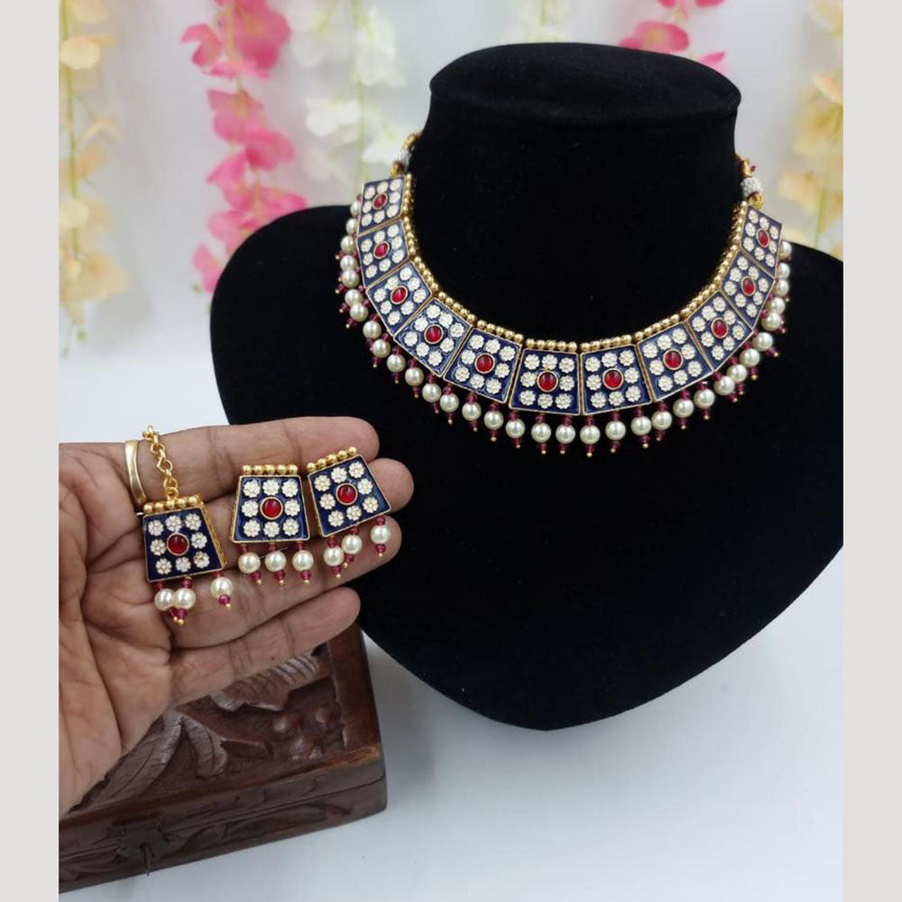 JCM Enamel Kundan Work and Pearl Drops Choker Necklace Set