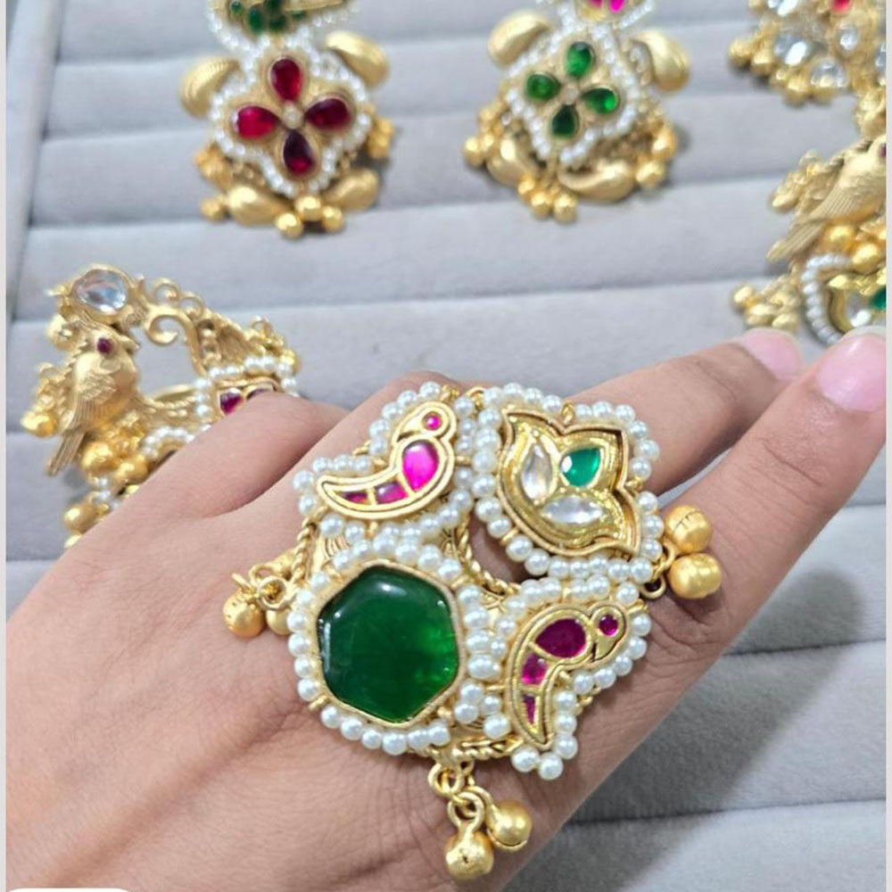 JCM Traditional Kundan Pearl Ring with Colorful Stone Motifs