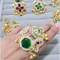 JCM Traditional Kundan Pearl Ring with Colorful Stone Motifs