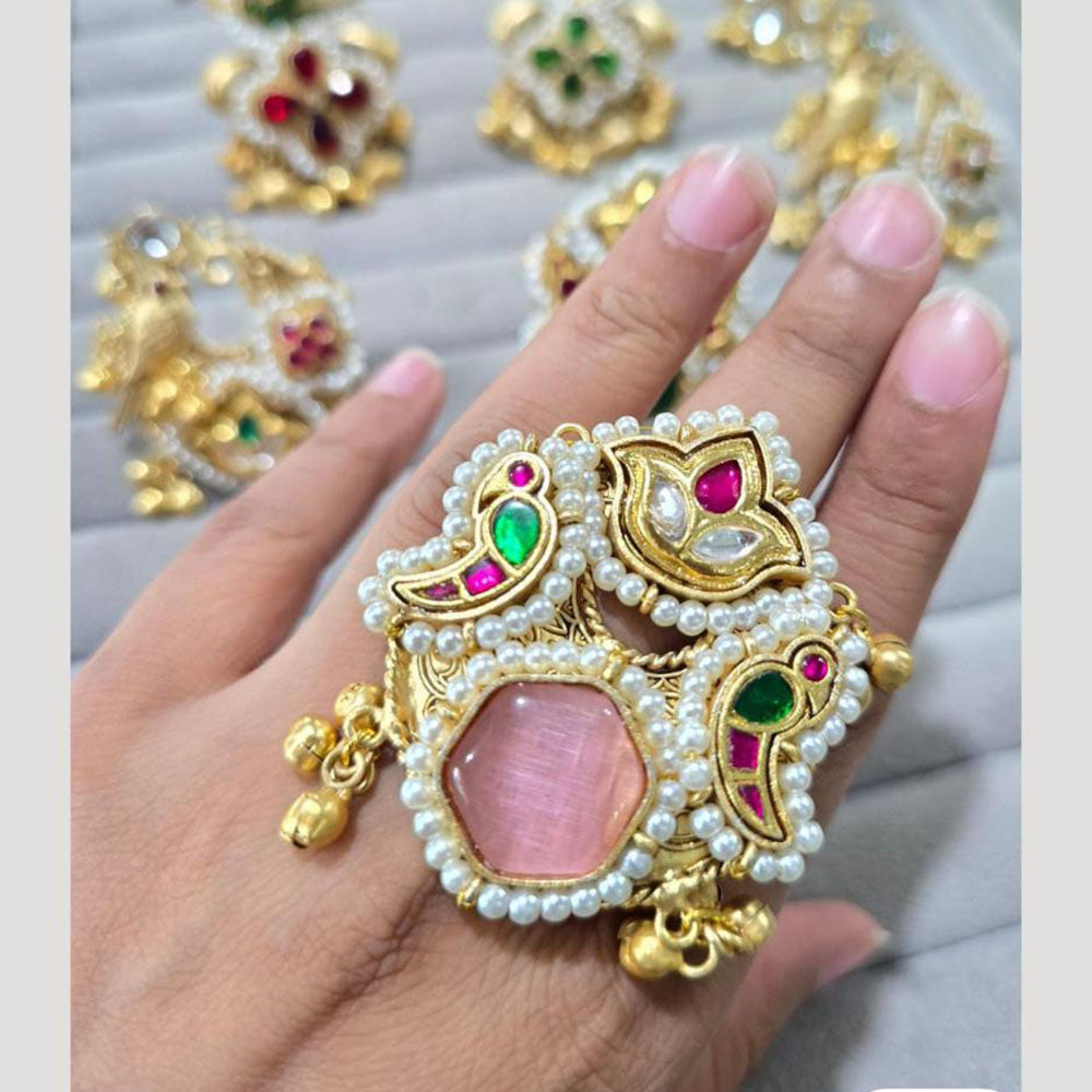 JCM Traditional Kundan Pearl Ring with Colorful Stone Motifs