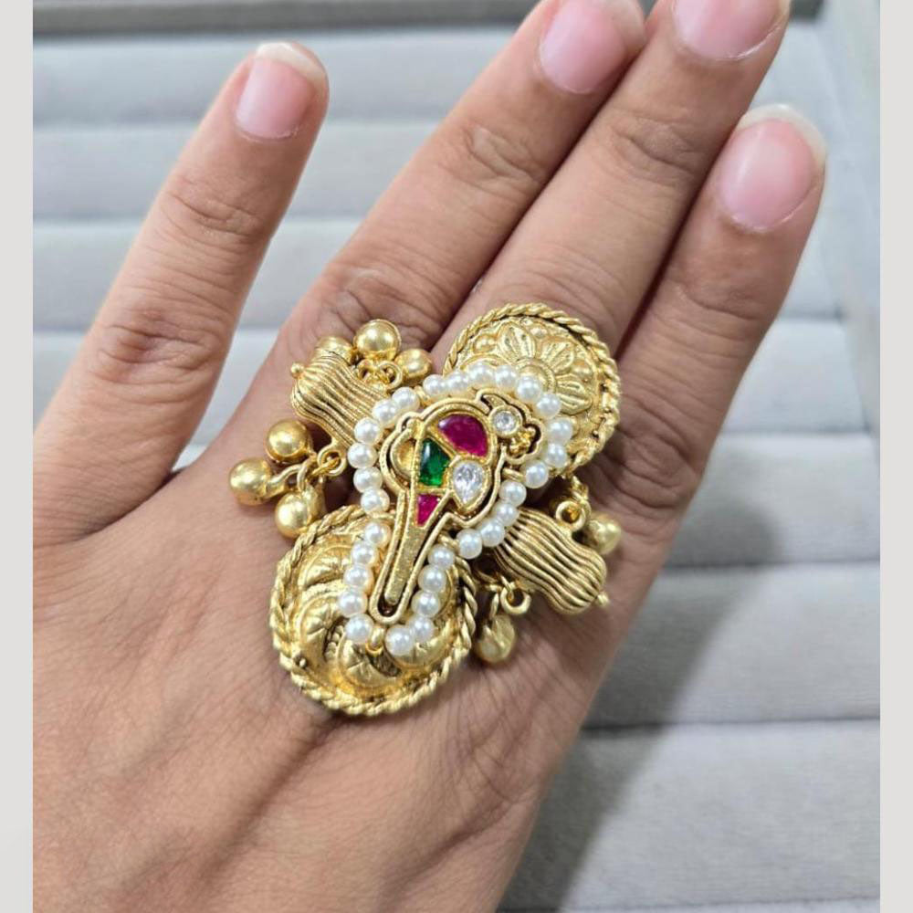 JCM Traditional Kundan Pearl Ring with Colorful Stone Motifs