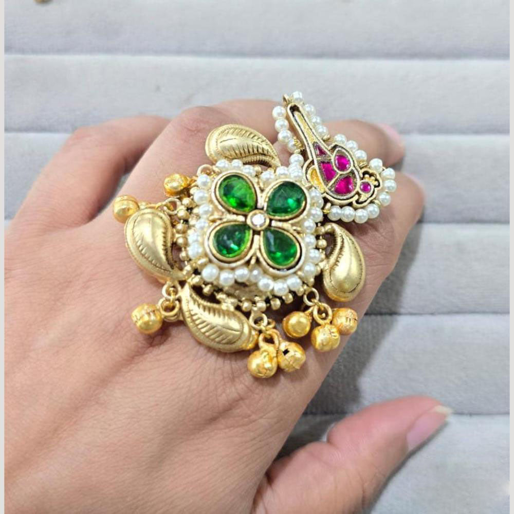 JCM Traditional Kundan Floral Design Pearl Ring with Colorful Stone Motifs