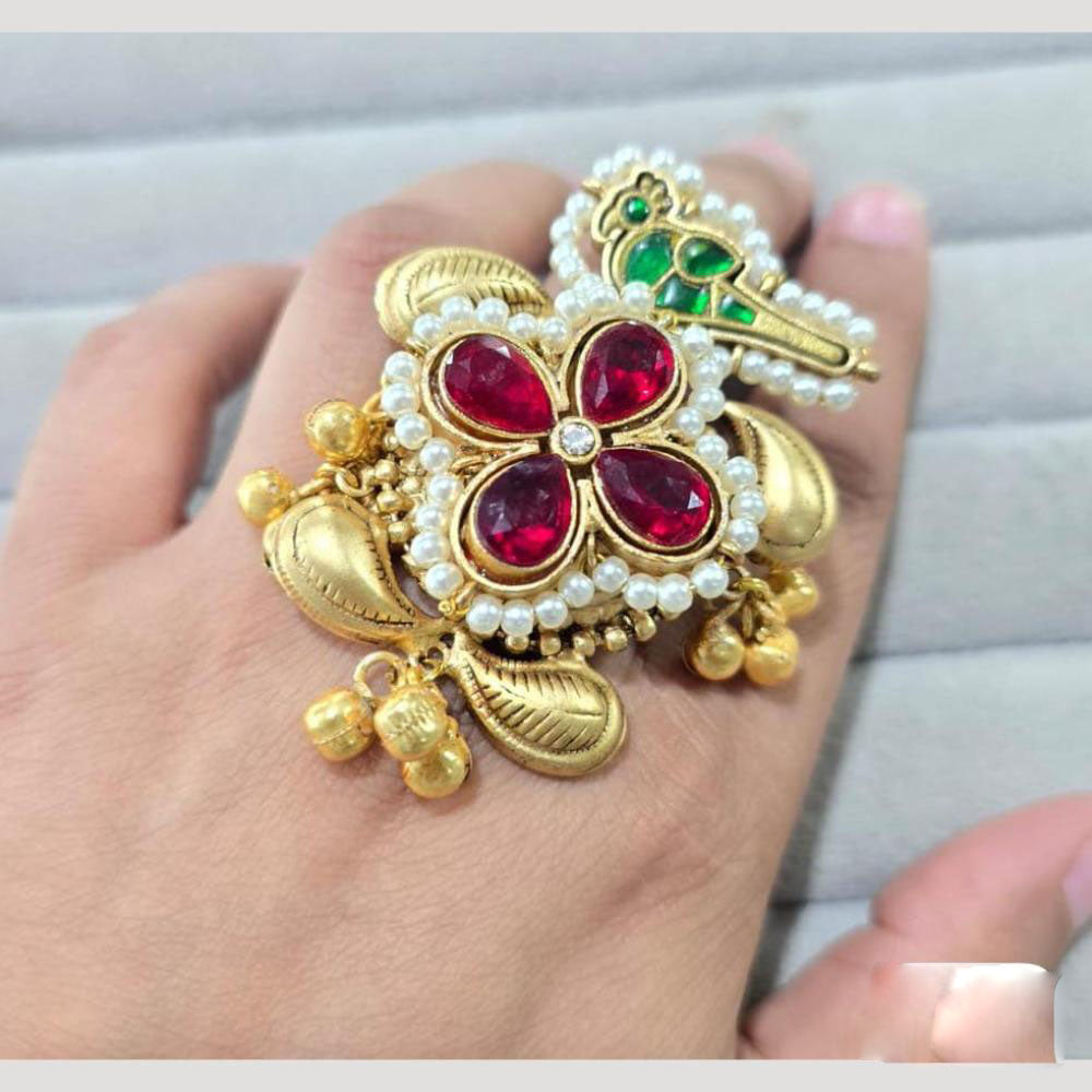 JCM Traditional Kundan Floral Design Pearl Ring with Colorful Stone Motifs