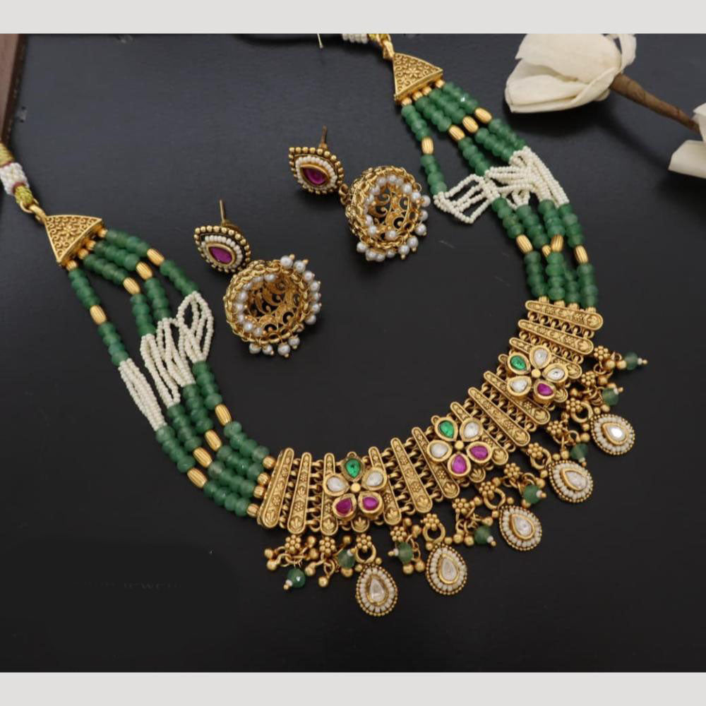 JCM Handcrafted Antique Temple Motifs with Kundan Stone Necklace Set