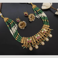 JCM Handcrafted Antique Temple Motifs with Kundan Stone Necklace Set
