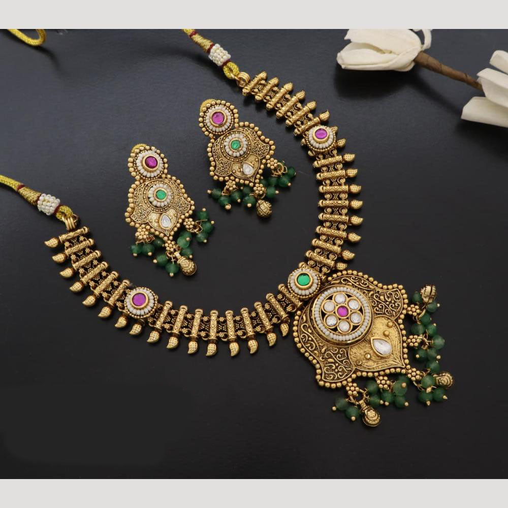 JCM Handcrafted Antique Temple Motifs with Kundan Stone Necklace Set