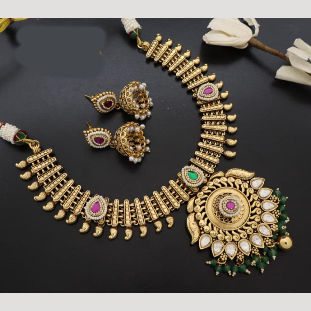 JCM Handcrafted Antique Temple Motifs with Kundan Stone Necklace Set
