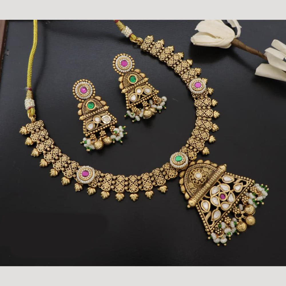 JCM Handcrafted Antique Temple Motifs with Kundan Stone Necklace Set