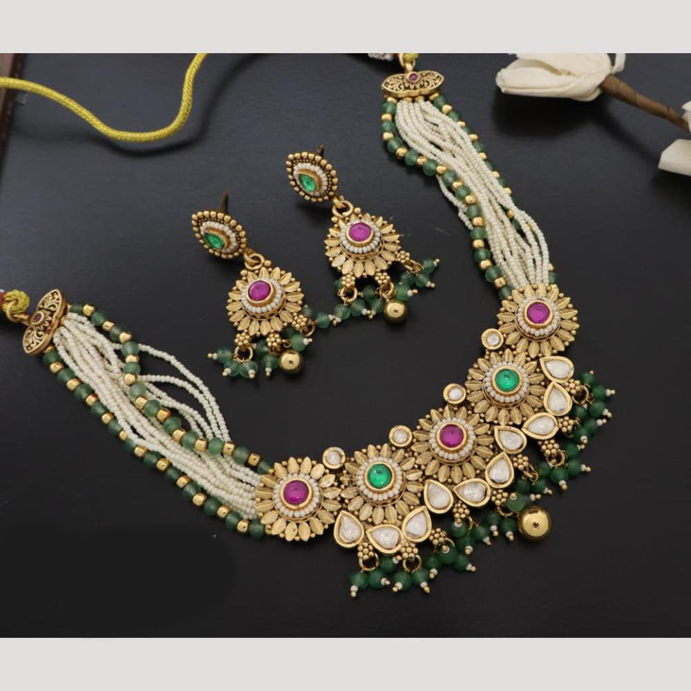 JCM Handcrafted Temple Motifs with Beads and Kundan Necklace Set