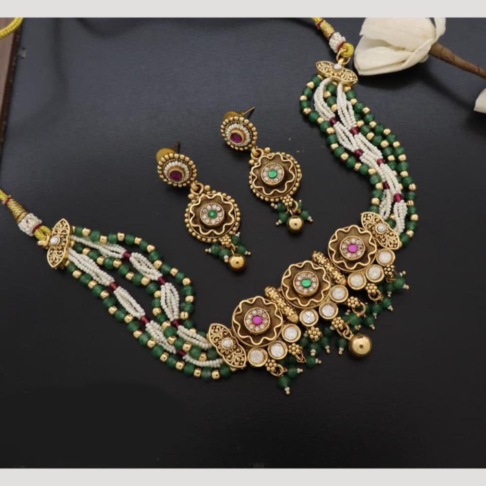 JCM Handcrafted Temple Motifs with Beads and Kundan Necklace Set