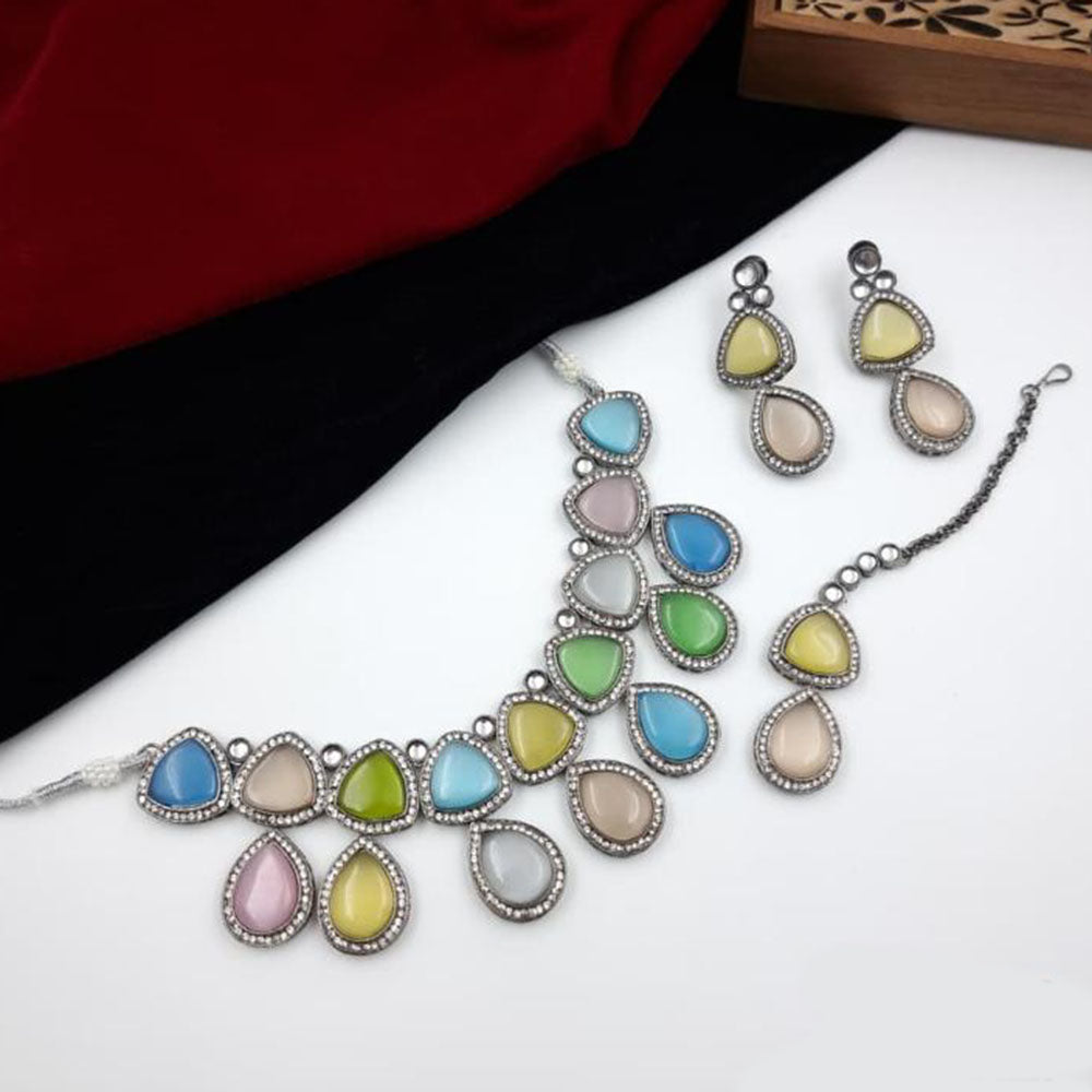 JCM Multi Tone Designer Crystal Necklace Set with Mangtikka Earrings