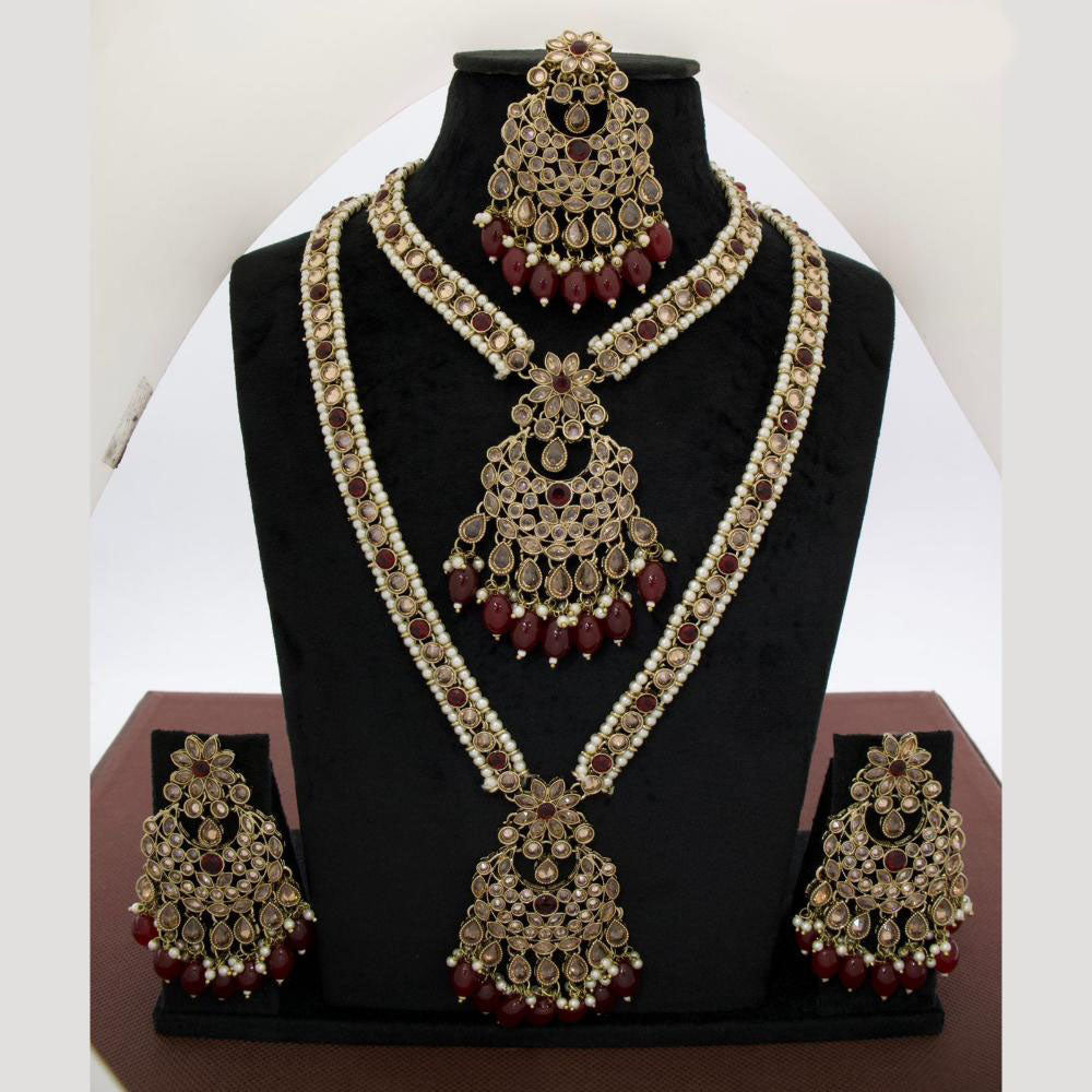 JCM Royal Kundan and Beads Double Layer Long Necklace Set with Mangtikka Earrings