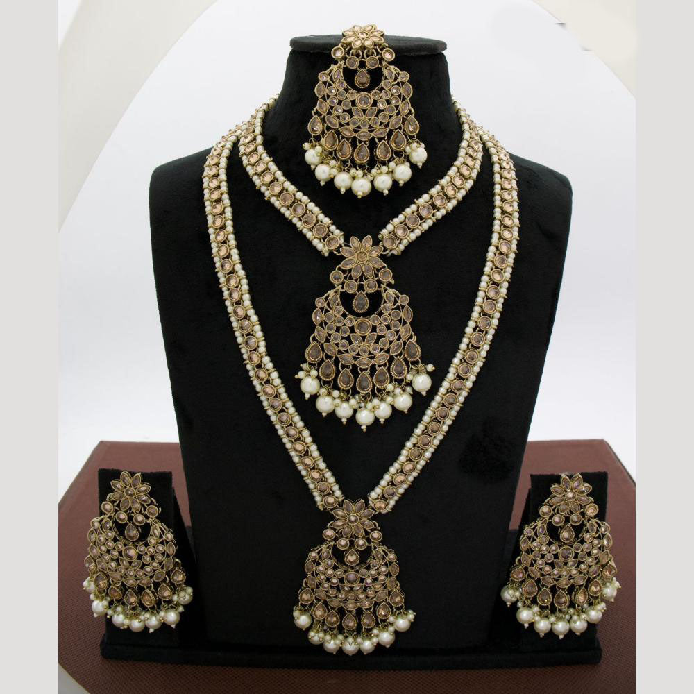 JCM Royal Kundan and Beads Double Layer Long Necklace Set with Mangtikka Earrings