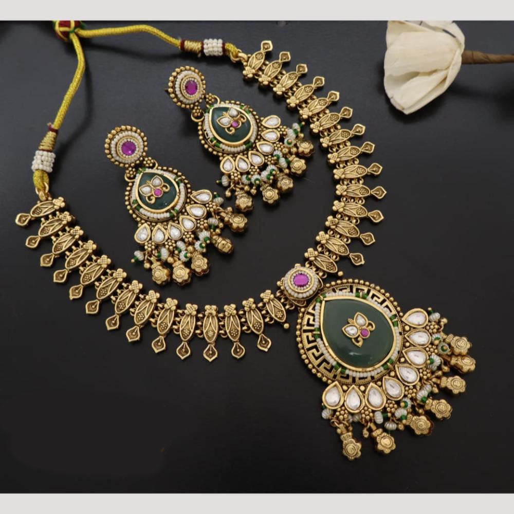 JCM Handcrafted Antique Temple Motifs with Kundan Stone Necklace Set