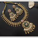 JCM Handcrafted Antique Temple Motifs with Kundan Stone Necklace Set