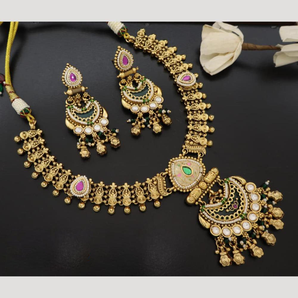 JCM Handcrafted Antique Temple Motifs with Kundan Stone Necklace Set