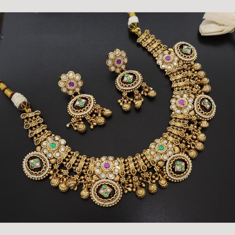 JCM Handcrafted Antique Temple Motifs with Kundan Stone Necklace Set