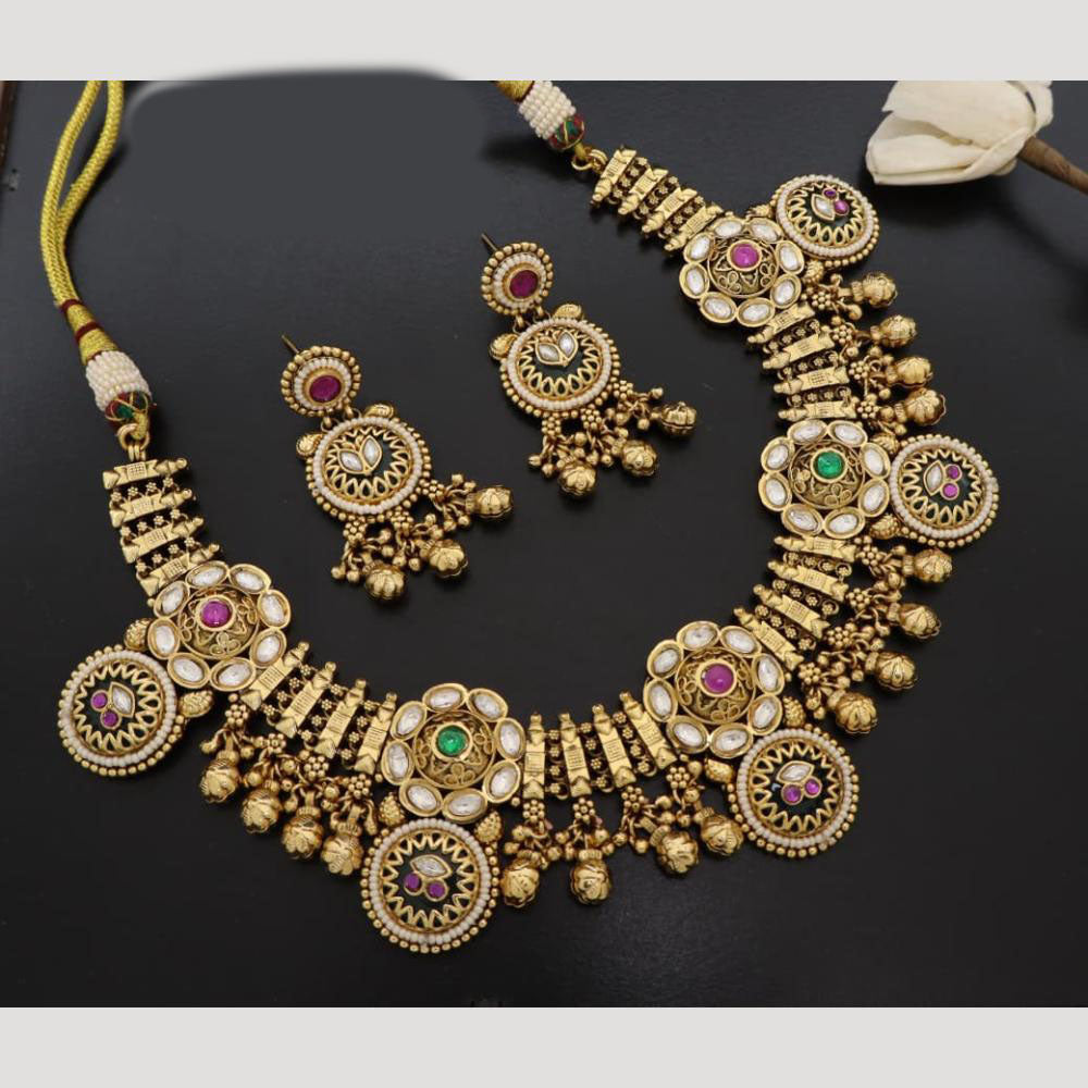 JCM Handcrafted Antique Temple Motifs with Kundan Stone Necklace Set