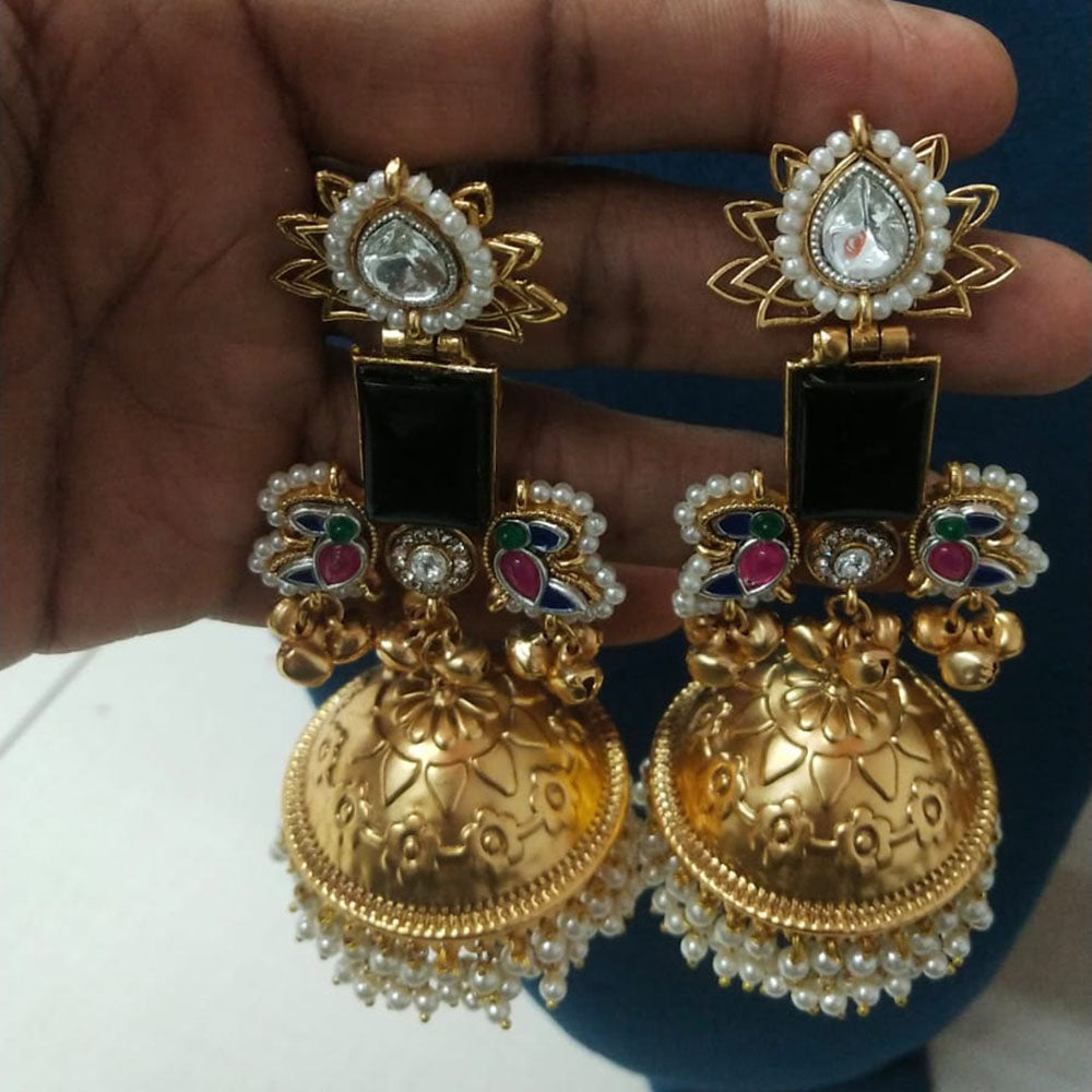 JCM Antique Dual Tone Pota Stone Pearl And Ghungroo Jhumki Earrings