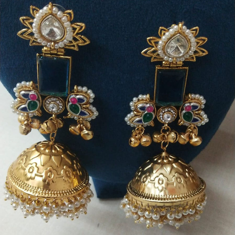 JCM Antique Dual Tone Pota Stone Pearl And Ghungroo Jhumki Earrings