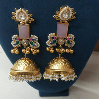 JCM Antique Dual Tone Pota Stone Pearl And Ghungroo Jhumki Earrings