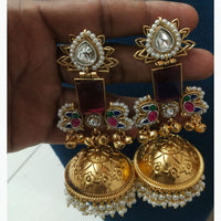 JCM Antique Dual Tone Pota Stone Pearl And Ghungroo Jhumki Earrings