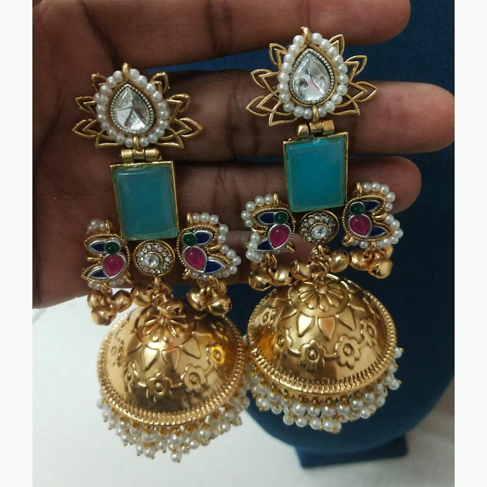 JCM Antique Dual Tone Pota Stone Pearl And Ghungroo Jhumki Earrings