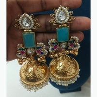 JCM Antique Dual Tone Pota Stone Pearl And Ghungroo Jhumki Earrings
