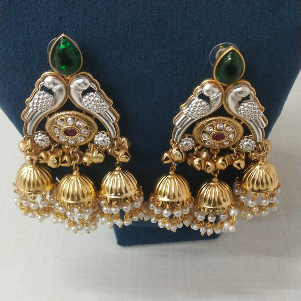 JCM Traditional Parrot Motif and Pearl Detailing Jhumki Earrings