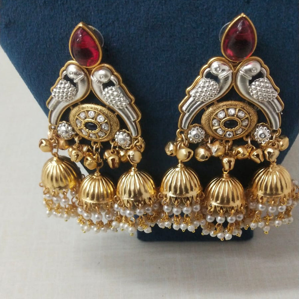 JCM Traditional Parrot Motif and Pearl Detailing Jhumki Earrings