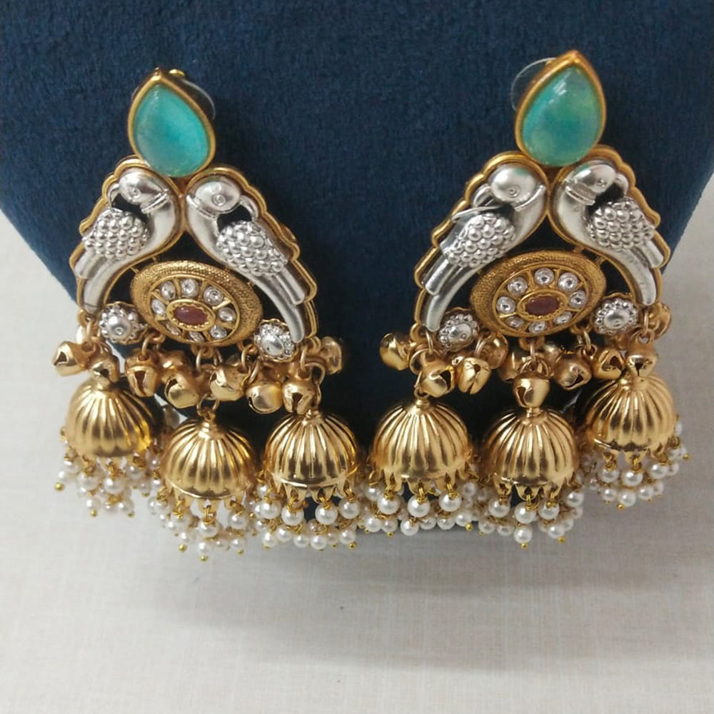 JCM Traditional Parrot Motif and Pearl Detailing Jhumki Earrings