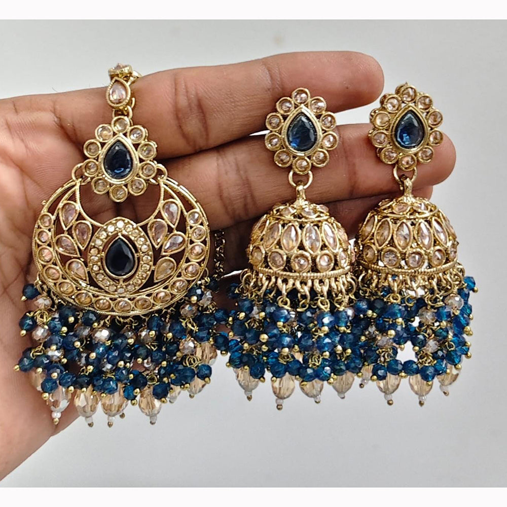 JCM Crystal and Drop Beads Jhumki Earrings with Mangtikka
