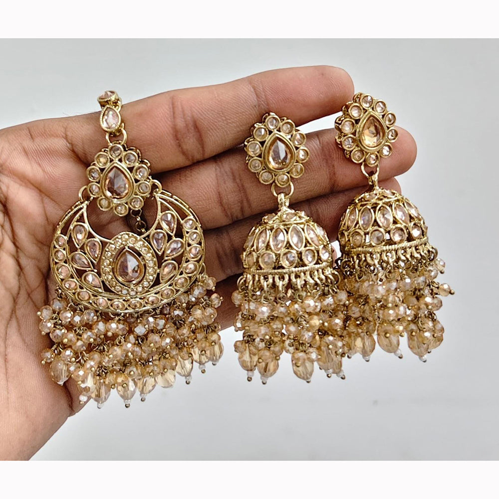 JCM Crystal and Drop Beads Jhumki Earrings with Mangtikka