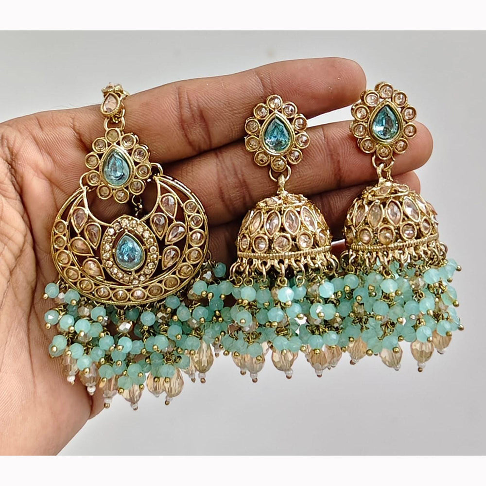 JCM Crystal and Drop Beads Jhumki Earrings with Mangtikka