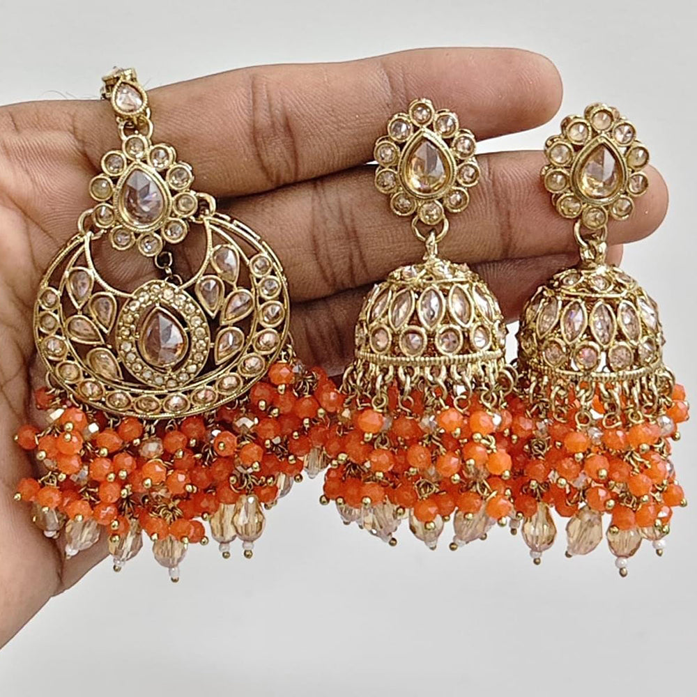 JCM Crystal and Drop Beads Jhumki Earrings with Mangtikka