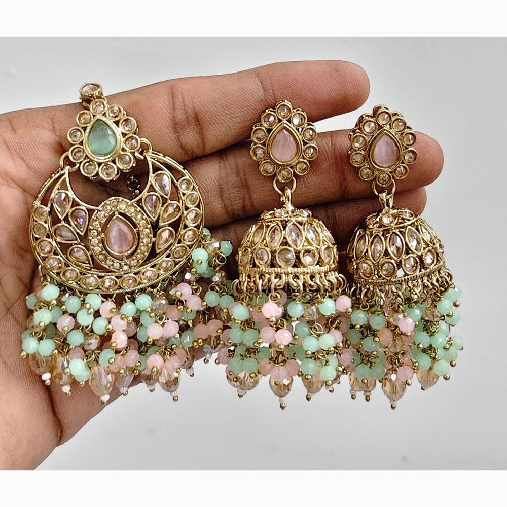 JCM Crystal and Drop Beads Jhumki Earrings with Mangtikka