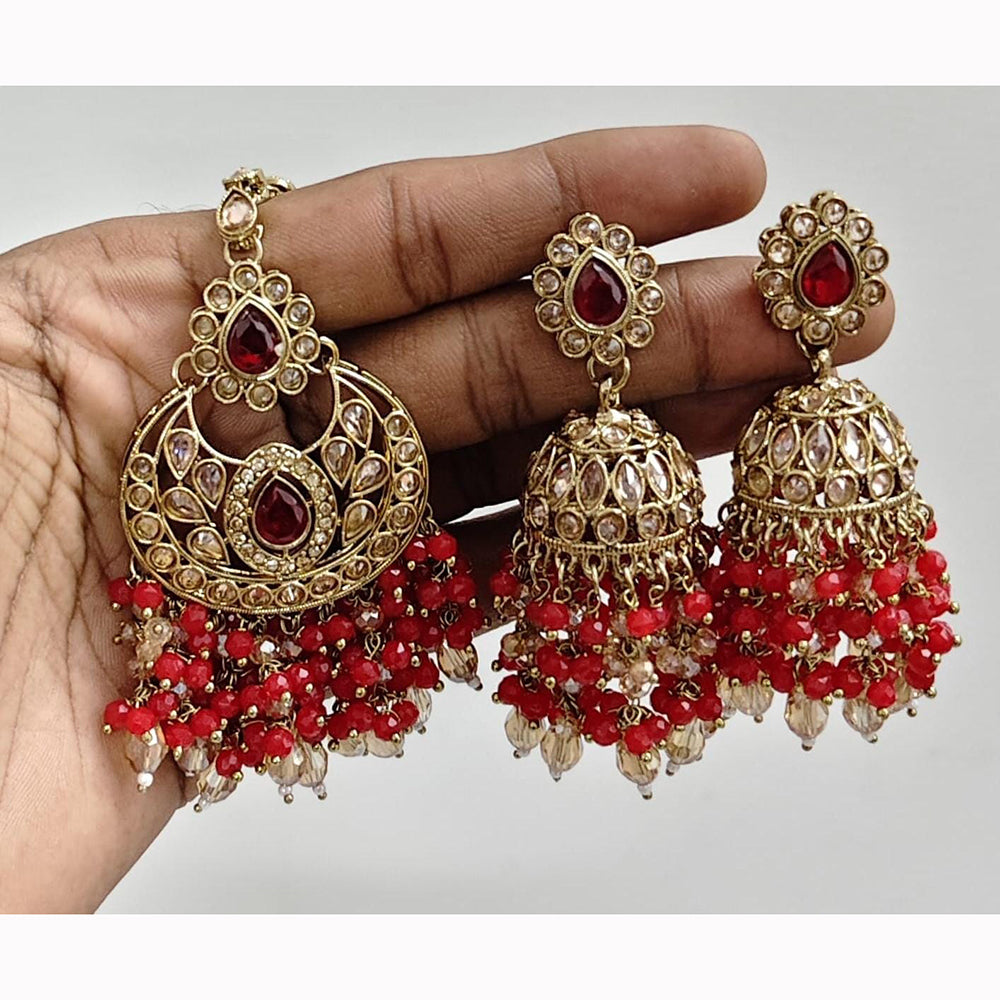 JCM Crystal and Drop Beads Jhumki Earrings with Mangtikka