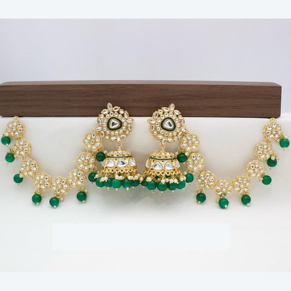 JCM Traditional Kundan Stone Jhumkis Earrings with Delicate Floral Kanchain