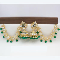 JCM Traditional Kundan Stone Jhumkis Earrings with Delicate Floral Kanchain