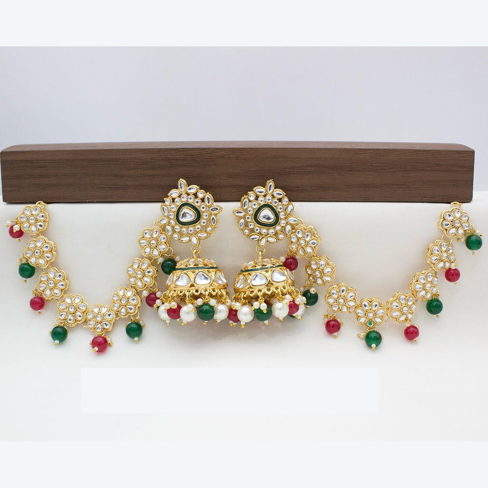 JCM Traditional Kundan Stone Jhumkis Earrings with Delicate Floral Kanchain