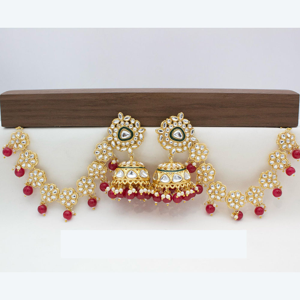 JCM Traditional Kundan Stone Jhumkis Earrings with Delicate Floral Kanchain