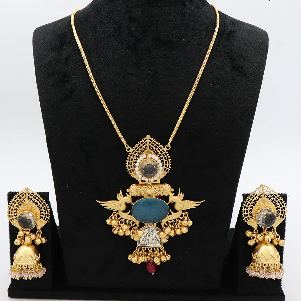 JCM Heritage Pota Stone and Peacock Design Necklace Set with Jhumki Earring