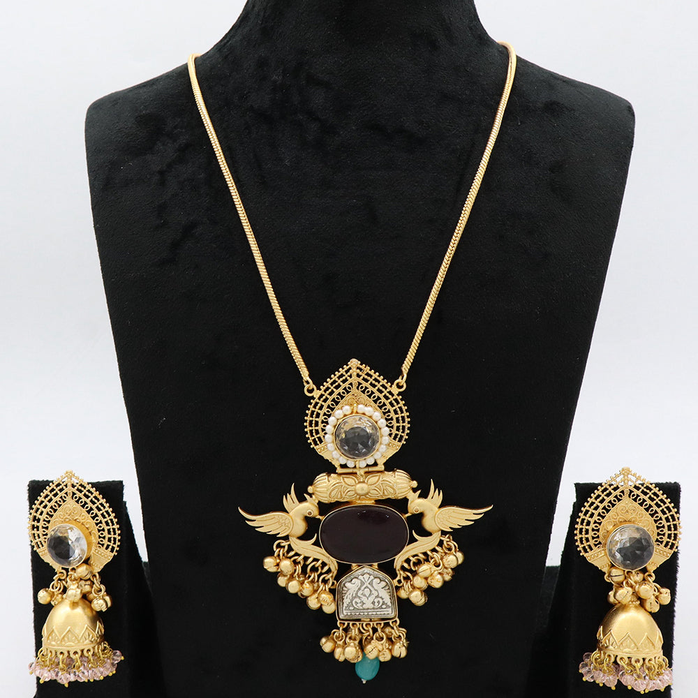 JCM Heritage Pota Stone and Peacock Design Necklace Set with Jhumki Earring