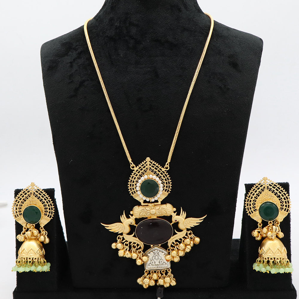 JCM Heritage Pota Stone and Peacock Design Necklace Set with Jhumki Earring
