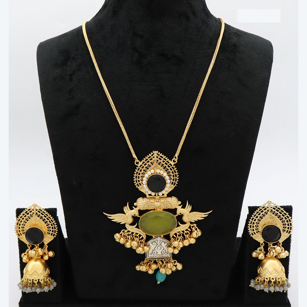 JCM Heritage Pota Stone and Peacock Design Necklace Set with Jhumki Earring