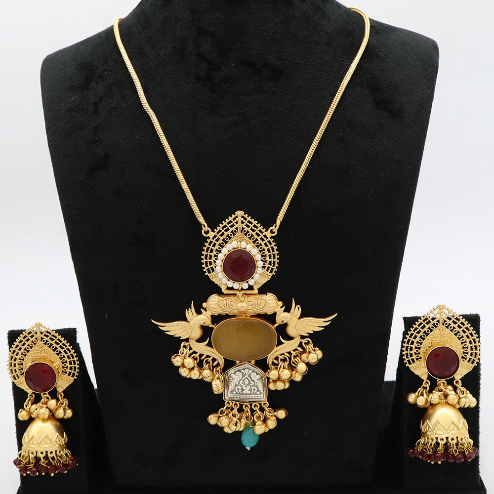 JCM Heritage Pota Stone and Peacock Design Necklace Set with Jhumki Earring