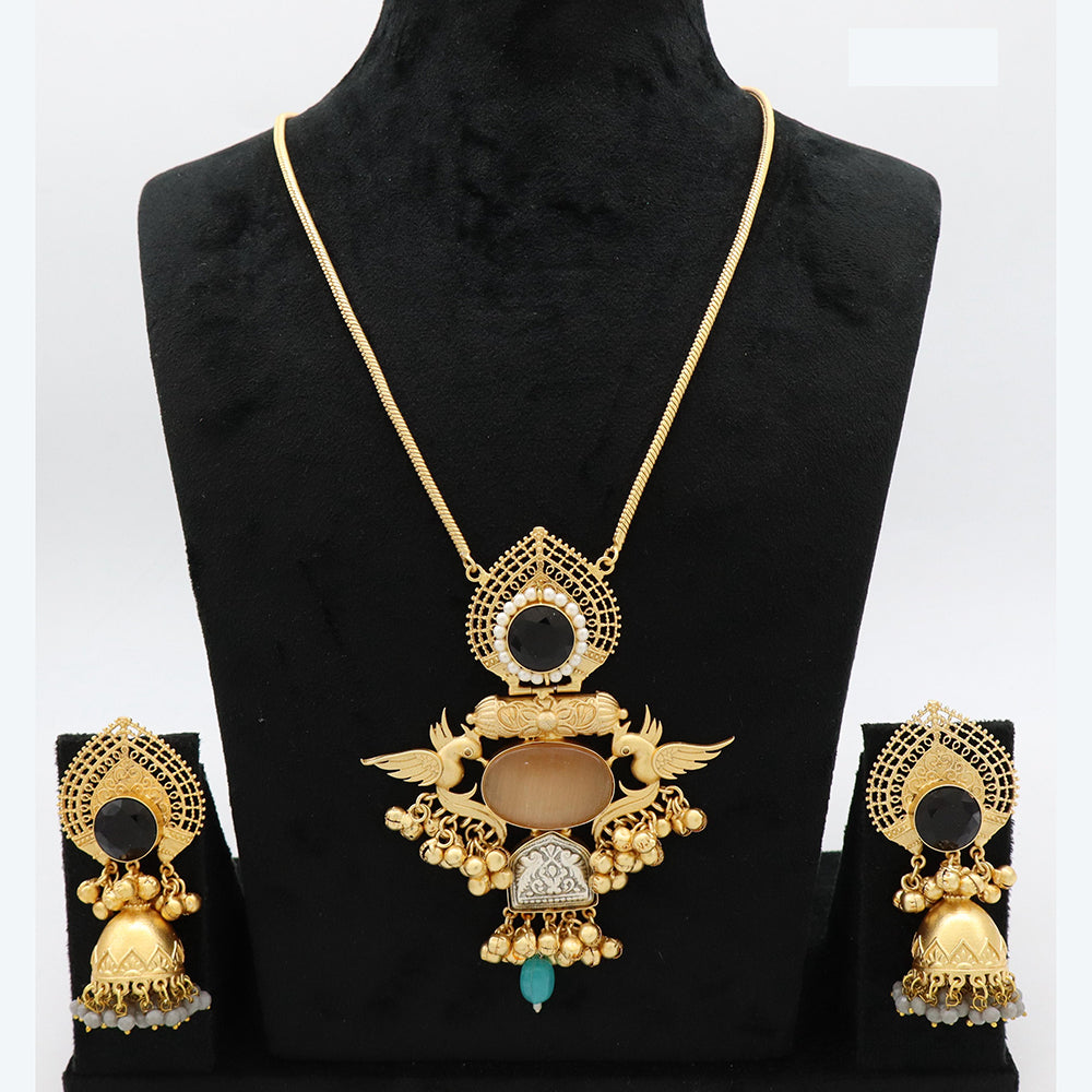 JCM Heritage Pota Stone and Peacock Design Necklace Set with Jhumki Earring