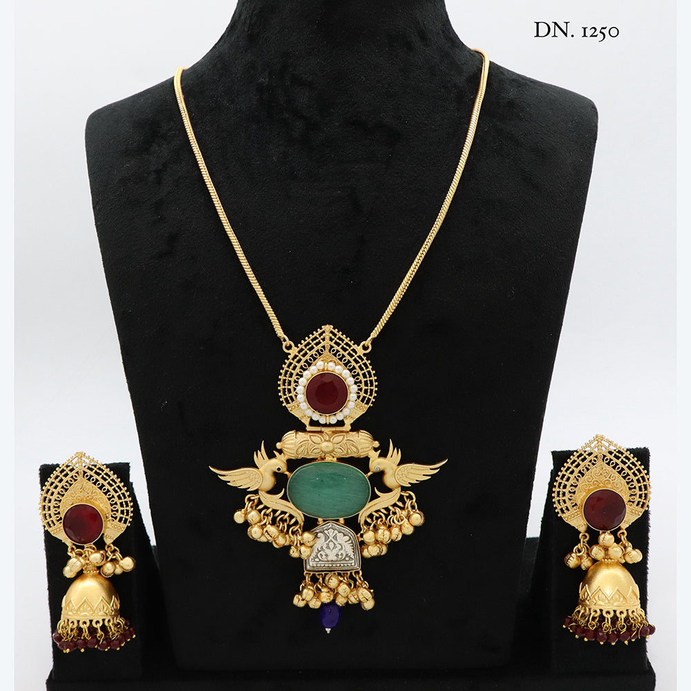 JCM Heritage Pota Stone and Peacock Design Necklace Set with Jhumki Earring