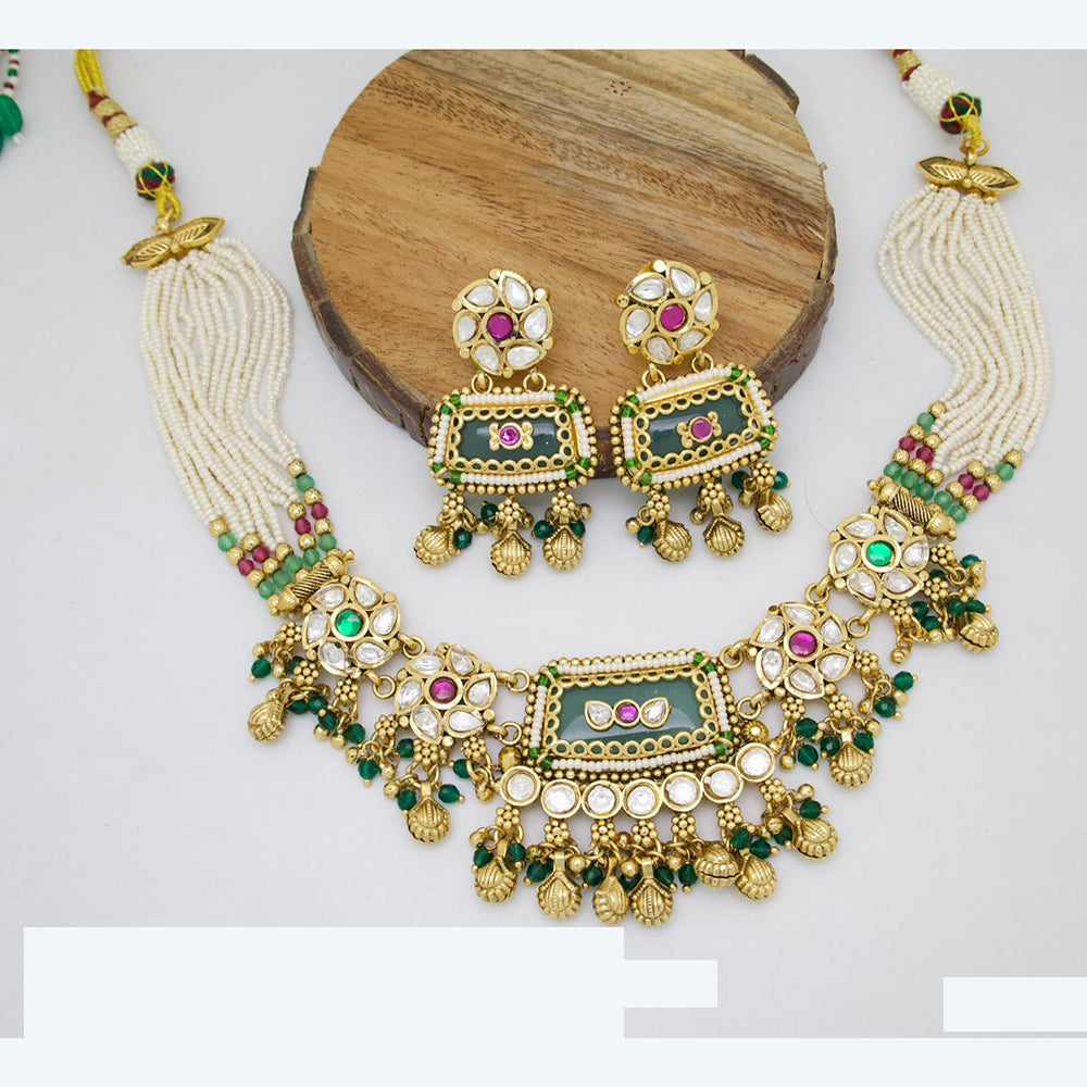 JCM Royal Multi Strands Kundan and Drop Beads Choker Necklace Set
